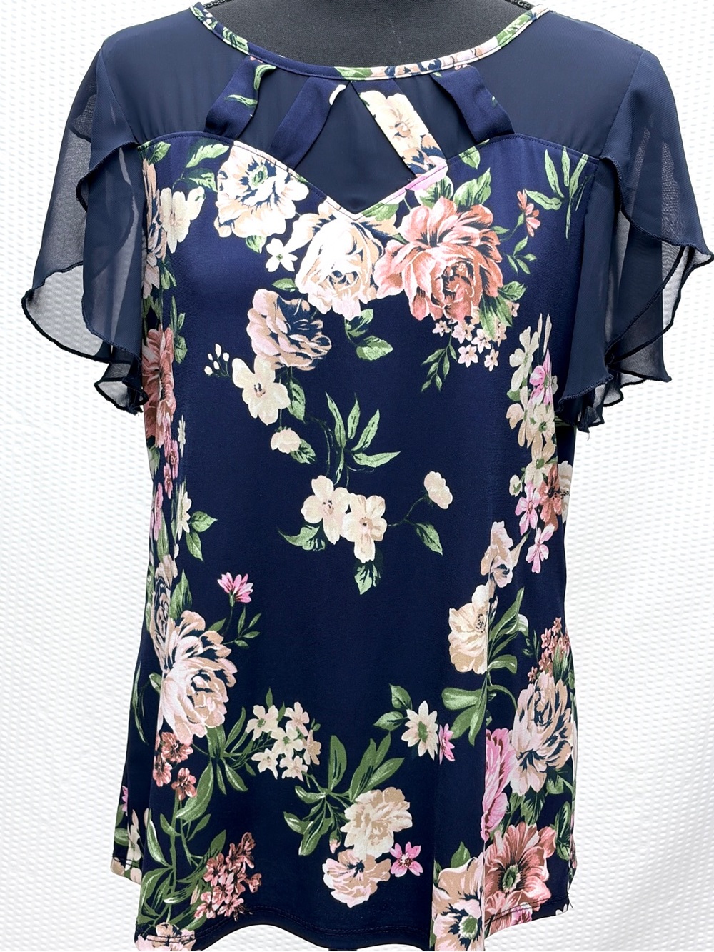 Adele & May Floral Blouse Women’s Medium Navy Pink Ruffle Sleeve Short Sleeve EU